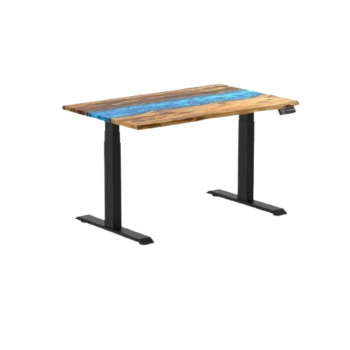 Desky Dual Resin Hardwood Sit Stand Desk 120cm Teak Blue River Desktop and Matte Black Frame