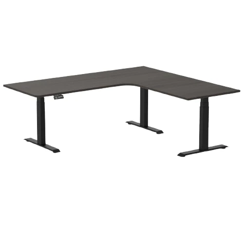 Desky L-Shape Melamine Sit Stand Desk 200cm - Left Return Black Top and Matte Black Leg