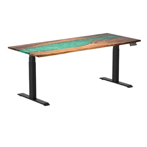 Desky Dual Resin Hardwood Sit Stand Desk 180cm Natural Walnut Emerald River Desktop and Matte Black Frame