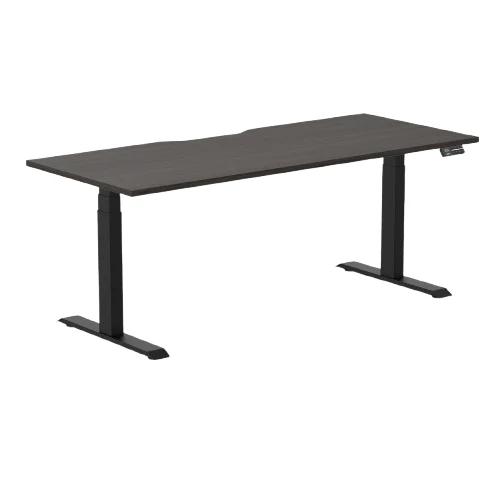 Desky Dual Scalloped Melamine Sit Stand Desk - Burnished Wood / 1800x750mm / Matte Black