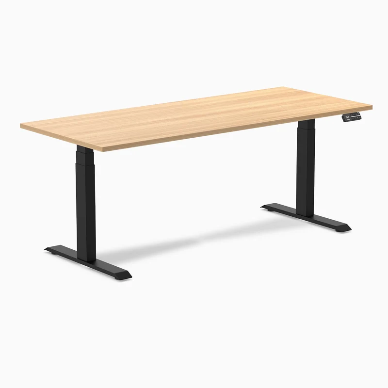 Desky Dual Melamine Sit Stand Desk 180cm Sublime Teak Desktop and Matte Black Frame