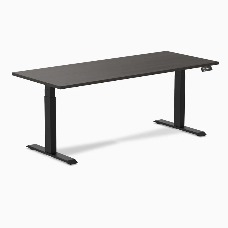 Desky Dual Melamine Sit Stand Desk 180cm Burnished Wood Desktop and Matte Black Frame