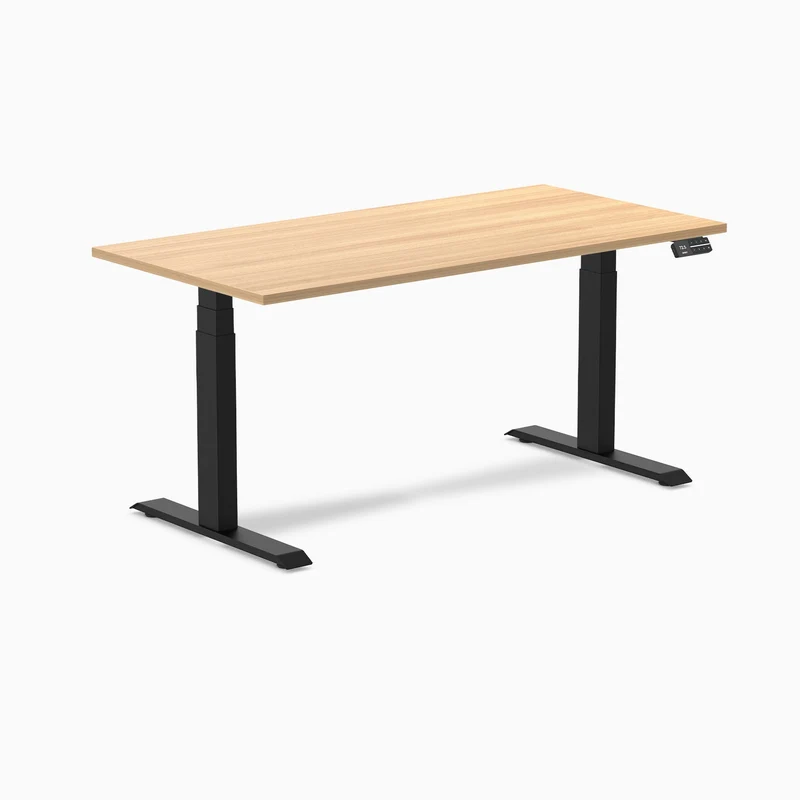 Desky Dual Melamine Sit Stand Desk 150cm Sublime Teak Desktop and Matte Black Frame