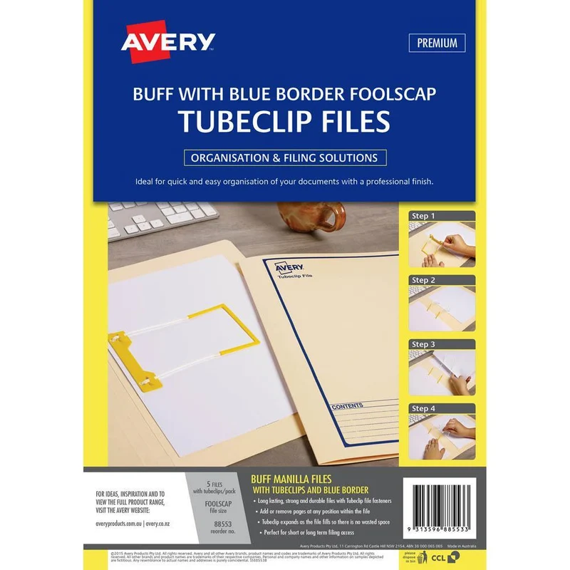 Avery 88553 Tubeclip File Foolscap Buff With Blue Print Pack 5
