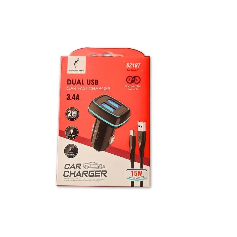 Dual USB Car Fast Charging Adapter with Type-C Cable