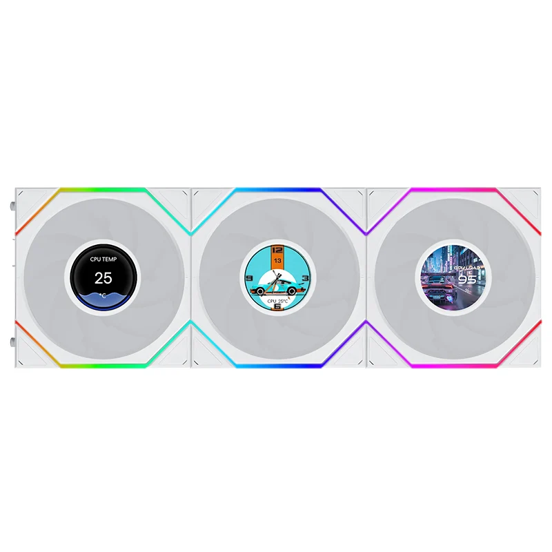 Lian Li Uni Fan TL Flex 1.8in LCD 2.4GHz Wireless 120mm Reverse Blade ARGB Fan 3 Pack - White (12RTLLCD1F3W)
