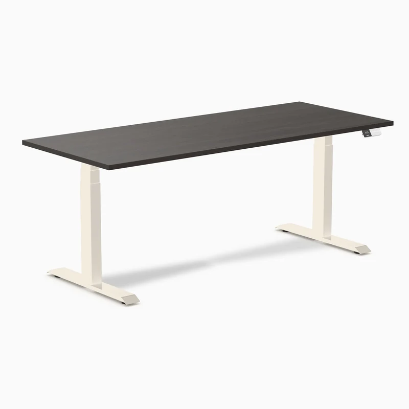 Desky Dual Melamine Sit Stand Desk 180cm Burnished Wood Desktop and Wheat Frame