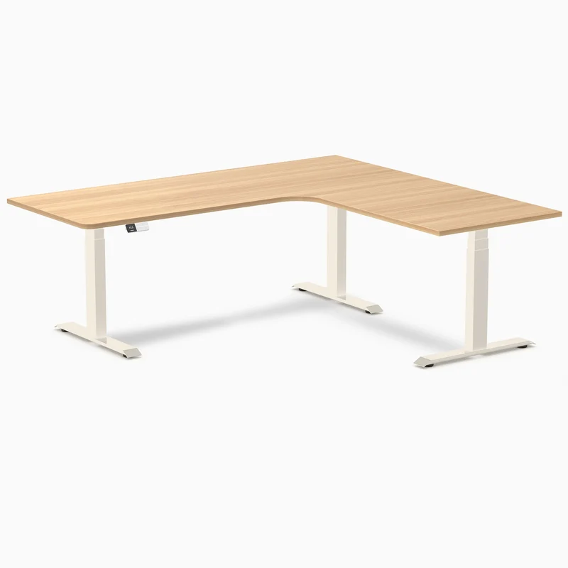 Desky L-Shape Melamine Sit Stand Desk 200cm - Right Return Sublime Teak Top and Wheat Leg
