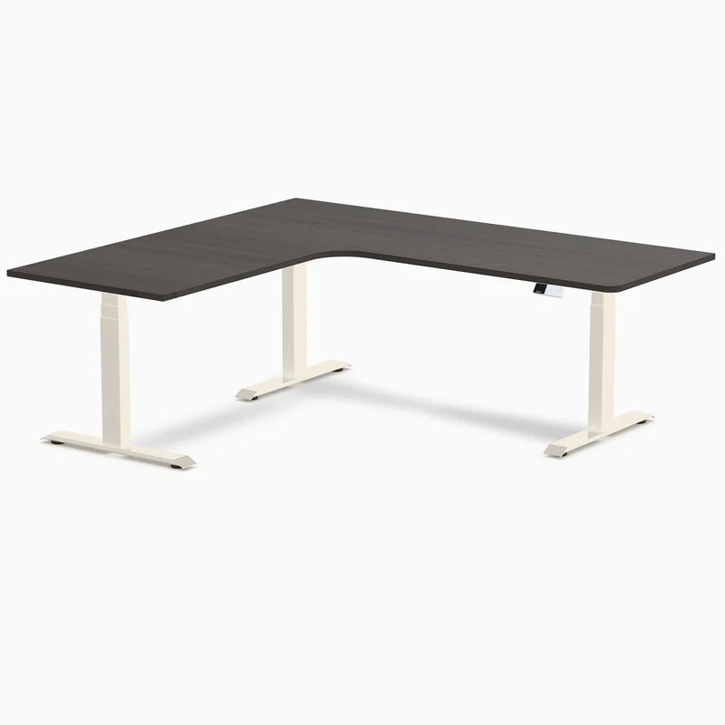 Desky L-Shape Melamine Sit Stand Desk 200cm - Left Return Burnished Wood Top and Wheat Leg